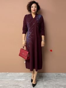 Elegant Mother Wedding Dress Cheongsam Skirt Sparkling Diamond Long Sleeve V-Neck Knitted Dress for Autumn Winter Wedding Banquet