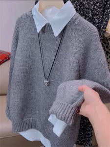 Gray Polo Shirt Collar Sweater Womens Loose Color Block Knitted Autumn Winter Comfortable Style Cashmere Long Sleeve Thermal