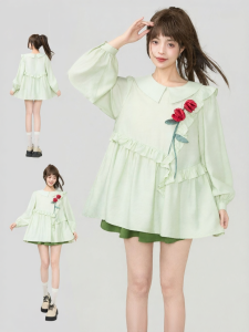 Keiko | Mint Green Rose Embroidery Long Sleeve Shirt Sweet Ruffle Loose Slimming
