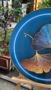 Tranh treo tường hình tròn mẫu cá hươu lá quạt treo phòng khách phòng ngủ chất liệu in gỗ tráng gương bọc viền