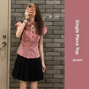YUEZHONGWEI | Red Plaid Bubble Sleeve Short Sleeve Slim Fit Shirt Women Summer Design Korean Style Small Size Turn Collar Top Korean Style