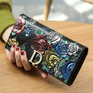 Rose Printed Cow Genuine Leather Wallet Elegant Ladies Long Card Holder Phone Purse for Woman Original Anti RFID