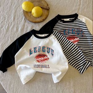 ตัวอักษรพิมพ์เสื้อยืดแขนยาวสําหรับผู้ชายผู้หญิงเด็กผ้าฝ้าย Buqiu แบรนด์สบายๆสไตล์ฤดูใบไม้ผลิฤดูใบไม้ร่วง Fit ดูดซับเหงื่อ