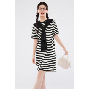 SEIFINI | Slimming Age-Defying Black and White Striped Hooded Cape Dress