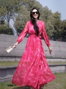 ชุดเดรสยาวคลุมเข่าสไตล์ชายหาดฤดูร้อน 2025 ชุดเดรสยาวคลุมเข่ายาวคลุมพื้นผ้าชีฟอง ชุดเดรสยาวคลุมเข่า ชุดเดรสยาวคลุมเข่า