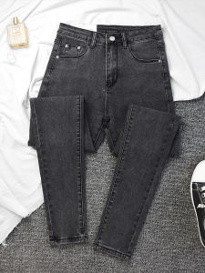 ยืดได้ สลิมฟิต เดนิม กางเกงยีนส์ ผู้หญิง สีเทาควัน ฤดูหนาว ผ้าขนแกะ กางเกงทรงดินสอเอวสูงรัดรูป เลกกิ้ง ผ้ายืด ผ้าฝ้าย