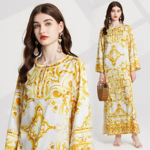 Retro Blue And White Porcelain Print Maxi Dress Women Summer Beach Vacation Loose Sun Protection Clothing Asymmetrical Hem