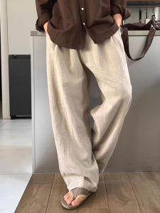 Laid-back Cotton Linen Mens West Pants Loose Straight Tube Long Pants Dark Button Elastic Waist Linen Suit Pants Casual Trousers