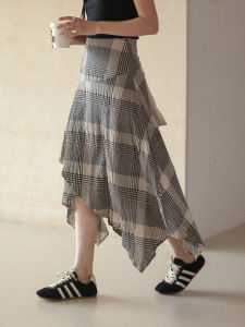 Retro Check A-Line Skirt Design Irregular Long Dress Autumn New