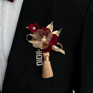 Original Fancy Chinese Style Burgundy Velvet Tassel Corsage Bridegroom Bride Wrist Flower Magnetic Brooch for Both Parents