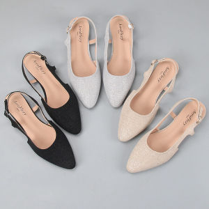 รองเท้าแตะส้นแบนหัวแหลมผ้าสะท้อนแสงสุดหรูหราสวมใส่สบาย รองเท้าแตะผู้หญิงไซส์ใหญ่ สายรัดหัวเข็มขัด รองเท้าแตะแบบสวมสบาย