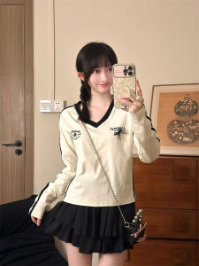 Áo Thun Cotton Dài Tay Cổ Chữ V in Họa Tiết Chữ Cái Thắt Nút Bướm Ngắn Ôm Vừa Vặn Thời Trang Thu Đông Cho Nữ