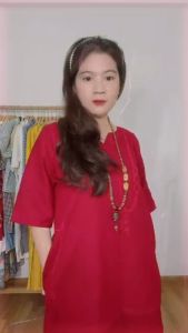 Đầm suông Linen tay lỡ Cổ chữ V Trơn KT Fashion Cổ chữ V