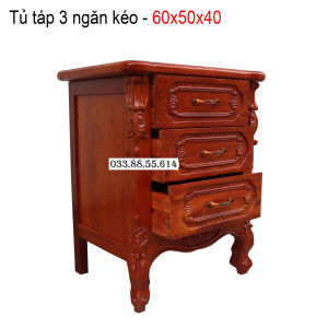 Tủ táp đầu giường 3 ngăn kéo hoa hồng gỗ hương cỡ 60x50x40