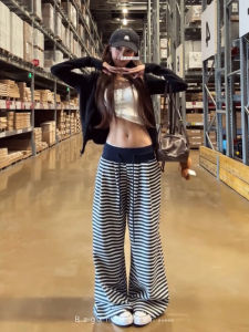 High Waist Casual Pants Womens Loose Fit Straight Leg Stripe Drawstring Trousers Lazy Style Wide Leg Pants American Stripe