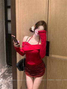 GUZILIAN | American Hot Girl Style Cross Neck One Shoulder Red Knitted Base Shirt Women Spring Pure Desire Inner Short Top Base Shirt