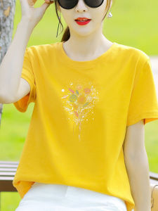 Yellow round Neck Pure Cotton Short Sleeve T-Shirt Womens Loose Casual Versatile Summer New Style Laid-back Atmosphere