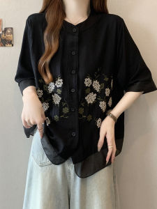 AIYITI | Elegant Embroidery Short Sleeve Big Size Concealing Shirt