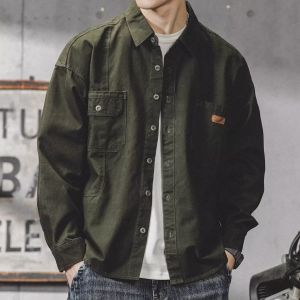 Mens Cotton Work Jacket American Retro Long Sleeve Loose Fit Hunting Coat Spring Autumn Casual Outerwear Fashion Jacket