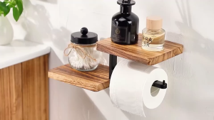 Black Walnut Wood Tissue Holder with Shelf Wall Mounted Toilet Crochet Roll Mobile Phone Storage Rustproof Bathroom Toilet Use