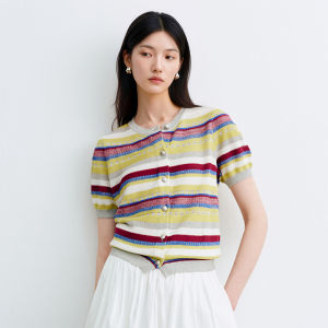 DESIGNICE | Round Neck Short Sleeve Knitwear Vintage Stripe
