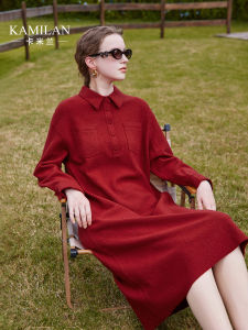 KAMILAN Cashmere Wool Dress Womens Mid-Length Red Dress Autumn New Style Button Detail Belted Pocket Pure Color Wrap Dress