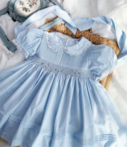 New 2024 Petit Nez Vintage Elsa Blue Handmade Embroidery Girls Dress A-Line Skirt Princess Style Cotton Polyester Blend Summer Dress for Girls