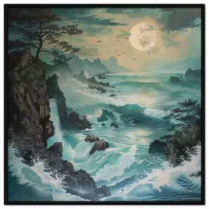 Tranh sơn thủy hữu tình phong cảnh ban đêm trắng sáng bên bờ biển đẹp.Tranh treo tường dán tường.CGI-1161