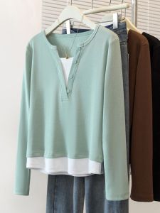 Áo Thun Dài Tay Thời Trang Thu Đông Cỡ Lớn Cho Nữ Áo Lót Che Bụng Dáng Rộng Thoải Mái Mặc Trong Áo Thun Cotton