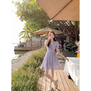 Purple Lace-up V-neck Elegant Leisure Waist Slimming Fairy Mini Dress