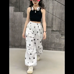 Baggy Pants For Kids Girl 7-15yrs Puppy Footprints New Fashion Loose Pants For Kids Girl OOTD For Kids Girl Cute Street Style