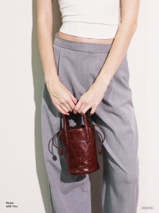 Momogigi Vintage Handbag Mini Tanned Cowhide Leather Bucket Bag Single Shoulder Crossbody Bag Youth Daily Use round Barrel Bag