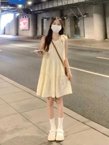 French Style Sleeveless Strap Dress Womens Summer Beach Vacation Slim A-Line Midi Skirt Casual Comfortable round Neck Dress