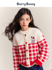 เสื้อคาร์ดิแกนถักสีแดงสำหรับเด็กผู้หญิง BarryBanny ฤดูใบไม้ร่วง 2025 เสื้อสเวตเตอร์ถักลายสก็อตสีบล็อก เสื้อคลุมกันหนาวแบบสวมหัว