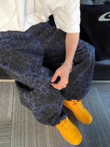 American Retro Blue Leopard Print Jeans Autumn New Design Sense High Waist Straight Leg Casual Wide Leg Long Pants