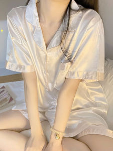 Summer Korean Style Ins Short Sleeve Sleepwear Set for Women Ice Silk Material Cute Open Shawl Design Home Clothes