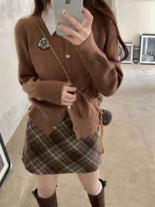 Bộ Hai Mảnh Dệt Kim Cỡ Lớn Phong Cách Hàn Quốc Và Váy Ngắn Dành Cho Nữ Mùa Thu Mùa Đông Cổ Polo Cao Vòng Eo Một Dòng Váy