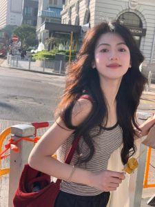 Retro Hong Kong Style Striped Crop Top Womens Cotton Slim Fit Outerwear Beautiful Back Design Summer Trendy Sweet Style Vest