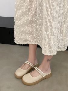 French Style Mid Heel Half Slippers Womens Outwear 2024 New Arrival Closed Toe Elegant Mary Jane Womens Shoes Slip-on Slippers Sandals