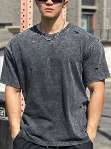เสื้อยืดแขนสั้นชาย ทรงหลวม ทรงหลวม คอตุ้ม สไตล์อเมริกัน ทรงหลวม เสื้อยืดผ้าฝ้าย ระบายอากาศได้ดี สำหรับผู้ชาย