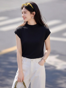 Basic House | Silk-blend Blue T-Shirt Half High Neck Flutter Sleeve
