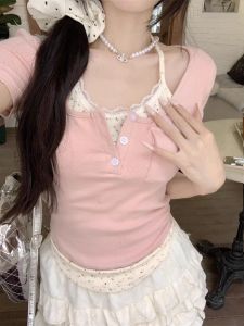 Slim Fit Short Sleeve T-Shirt Womens Summer New Style Pure Desire Base Layer Short Top Fake Two-Piece Upper Body
