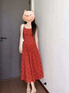 XZY Embroidered Orange Red French Style Loose Vest Dress Womens plus Size Slimming Strap Dress Casual A-Line Long Skirt