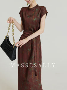 Elegant Printed Tie-Dye Long Dress Womens Summer New Style Slimming Acetate Belted Dress High Waist A-Line Skirt Short Sleeve