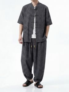JIARONG | Traditional Chinese Style Summer Mens Tencel Linen Set Short Sleeve Shirt