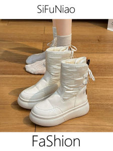 รองเท้าบูทกันน้ำหนาพื้นหนังสำหรับผู้หญิง บูทกันหนาว บูทหนัง PU บูทกลางน่อง บูทกันหนาว รองเท้าบูทกันหนาวแบบอเนกประสงค์สำหรับฤดูหนาว