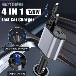 4 In 1 Car Fast Charger 120W Car Charger Fast Charging Car Charger Socket Outlet Multiple Socket High Quality Fast Charger for Cellphone Car Accessories Charger with Voltmeter Type C Iphone 4 USB Port Charger Outlet 180° Rotation Retractable Universal