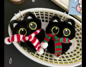 New Kawaii Big Eyes Cat Plush Doll With Scarf Black Cat Keychain Bag Pendant Cartoon Kitten Ornament Festival Gift For Friends
