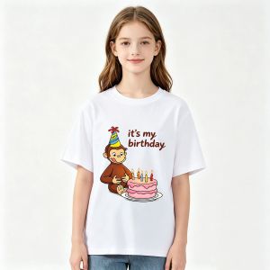 Bandai | Curious George 100% Cotton Childrens T-shirt Happy Birthday Cartoon Print Tees O-neck Boys Girls Short Sleeve Kids Tops Summer