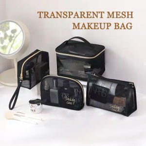 【🇲🇾Stock】Mesh Makeup Bags Black&Heart Cosmetic Bag Portable Zipper Makeup Pouches Washbag